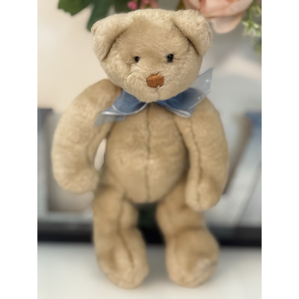 Vintage Cream Teddy Bear 8" Plush Soft Toy Stuffed Animal Blue Bow First Toy